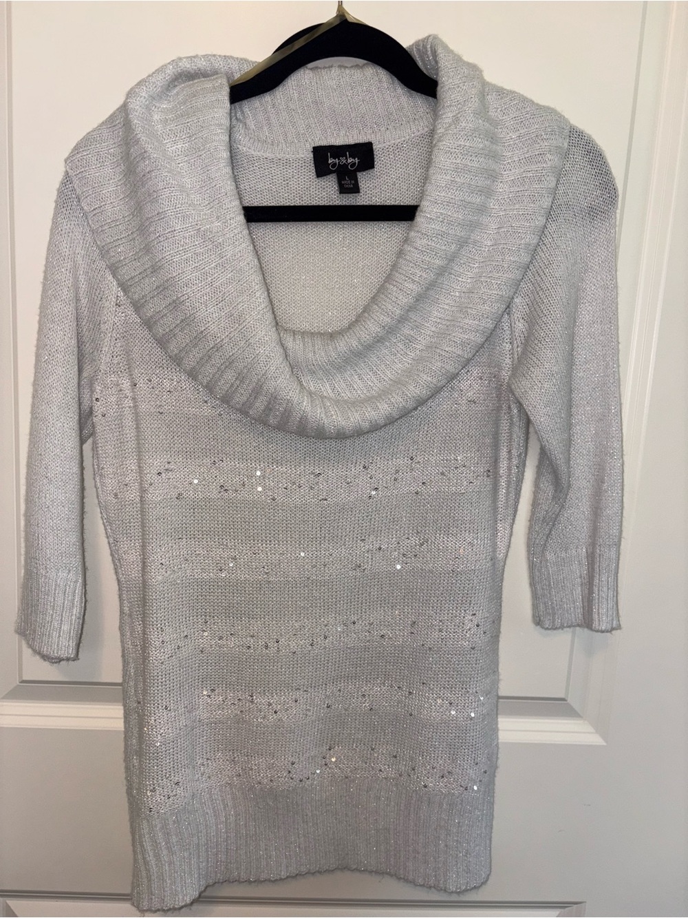 by & by Silver Cowl Neck Sequin Knit Sweater